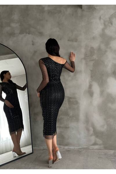 Ahzem Collection Tek Omuz Varaklı Puantiye Tül Elbise