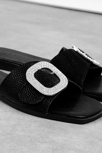 Lal Shoes & Bags Nagite Women's Stone Buckle Detailed Glittery Slippers-Black