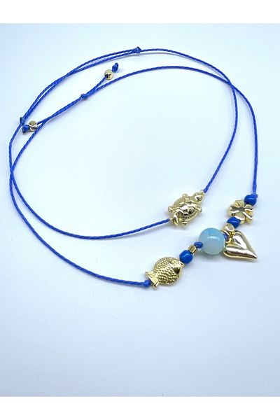 Concept HuBuTU 2 Pieces Minimal Sea Themed Gold Blue Alaçatı Rope Summer Anklet Set
