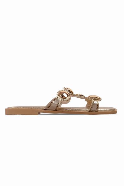 Lal Shoes & Bags Marone Women's Round Metal and Stone Detailed Banded Slippers-Gold