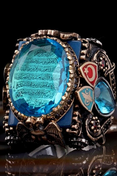 Diriliş Takı Mavi Zirkon Taş İçerisi Ayetel Kürsi Gümüş Yüzük