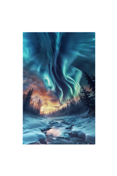 StoryGift Romania Tablou Canvas: Forme Albastre Pe Cer, Nori Și Brazi În Peisaj Cu Râu Și Zăpadă- Natură Pictura