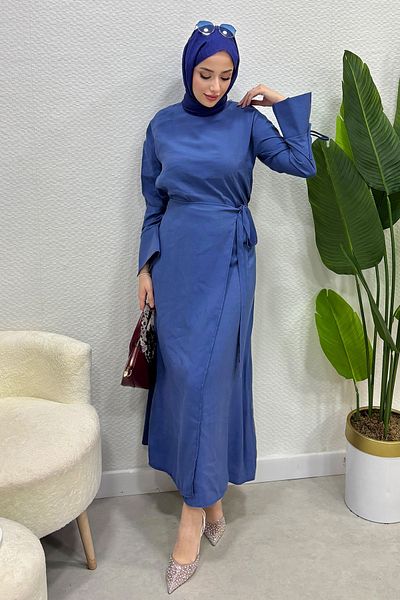 Tesettür Diyarı Women's Summer Fabric Tie Skirt Suit - Indigo