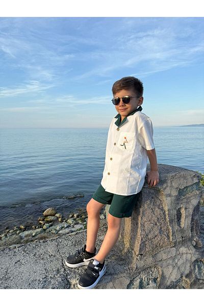 Pollito Boy's Apaş Collared Shirt with Pocket and Embroidered Back, 2-Piece Set