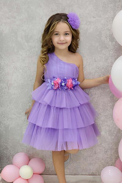 Riccotarz Girl's One Shoulder Waist Flower Embroidered Ribbon Detailed Layered Tulle Lilac Evening Dress