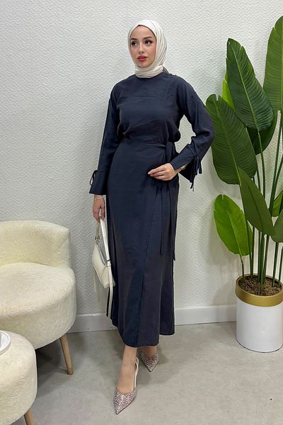 Tesettür Diyarı Women's Summer Fabric Tie Skirt Suit - Anthracite