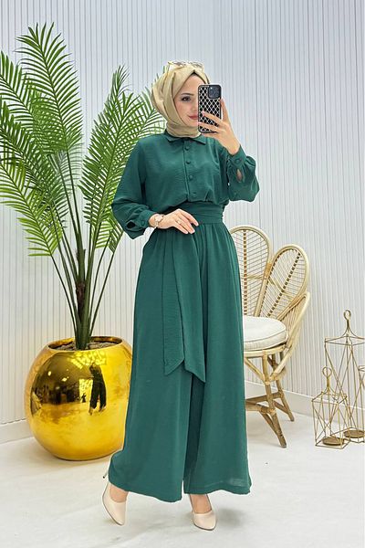 Neşeli Butik Women's Belted Shirt Collar Loose Islamic Jumpsuit Nms010