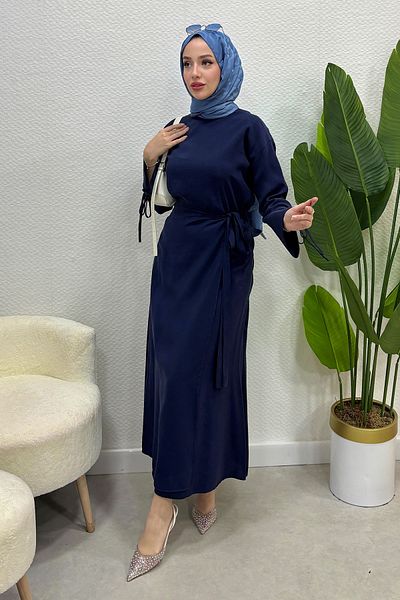 Tesettür Diyarı Women's Summer Fabric Tie Skirt Suit - Navy Blue