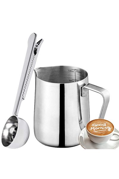 Quasar & Co. Milk Frother Set with Milk Dispenser Spoon ®, Barista Cup, Stainless Steel, 350ml, Silver