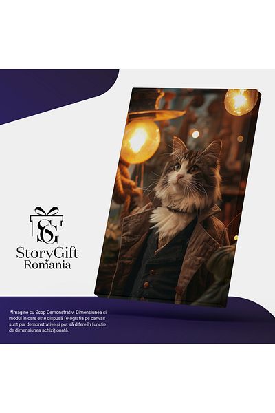 StoryGift Romania Tablou Canvas: Chipul Unui Motan In Trup De Om Si Becuri Aprinse - Fixare , Privire Pictura Di