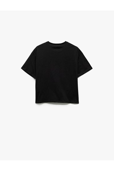 Koton Bow Printed Cotton Crew Neck Black Girl's T-Shirt 5Skg10140Ak