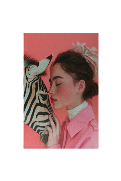 StoryGift Romania Tablou Canvas: Fotografie Artistică Pe Fundal Roz Și Contraste Vestimentare, Alături De Zebră-