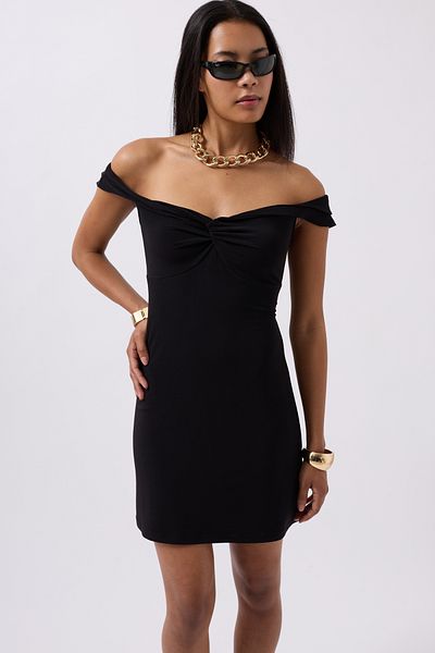 Black Fashion Mini Black Dress with Shirring Detail Shoulder Straps