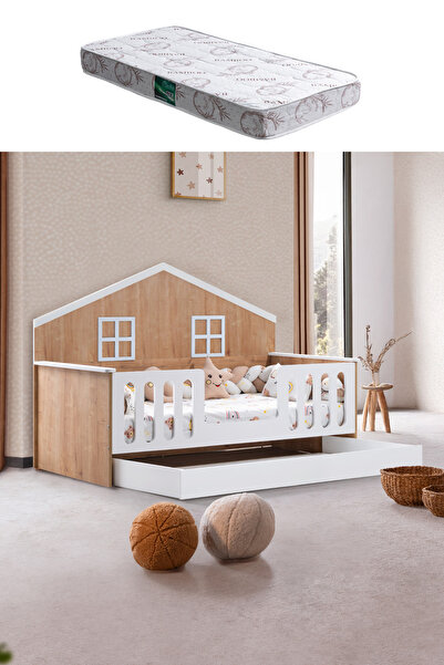 Setay Yavrulu Karyola, Bello Yavrulu Montessori Yatak - Ceviz + 1 Adet Comfor...