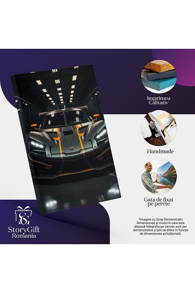 StoryGift Romania Canvas Print: Luxury Black Lego Sports Car With Orange Porsche Model With Powerful Headlights Pi