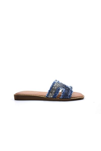 Guja Papuci de damă cu fund plat și ciucuri din denim albastru