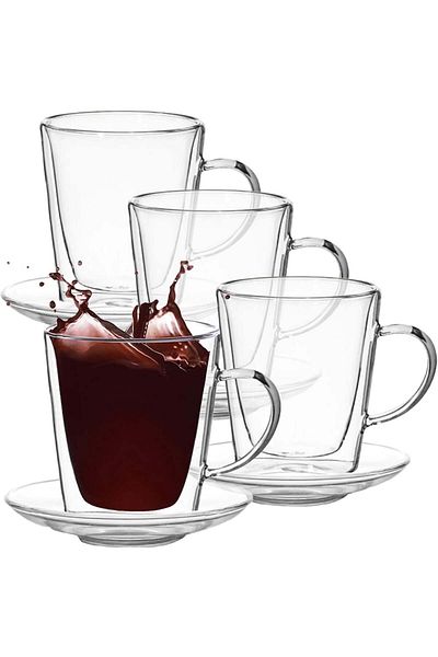 Quasar & Co. Set of 4 Cups and 4 Saucers ®, Double Walled, Borosilicate Glass, 250 Ml, Transparent