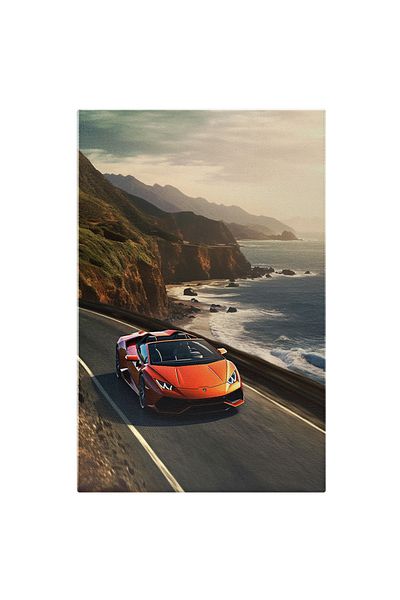StoryGift Romania Tablou Canvas: Masina De Lux Lamborghini - Plaja Munti Sosea Cu Viteza Pictura Digitala