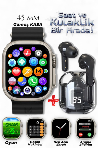 MATEO 45mm Akıllı Saat ve Bluetooth Kulaklık Seti Arama, Oyun, Hesap Makinesi...