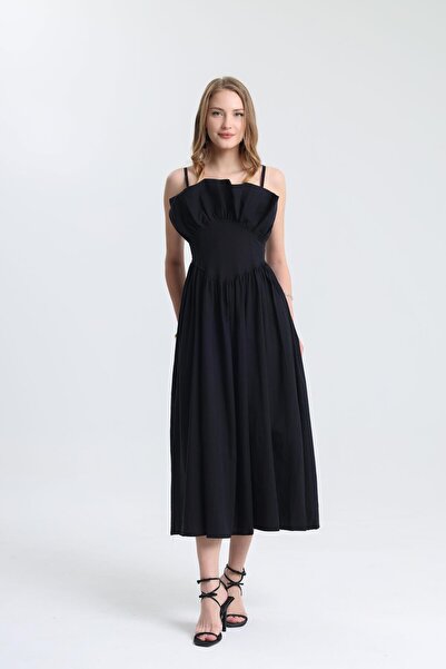 Dilek Aydın Atelier Keten Askılı Yaka Detaylı Midi Boy Elbise