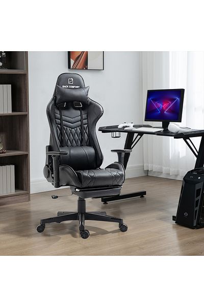 BACK COMFORT Luxury Gaming Chair with Reclining Backrest, Premium Leather, Neck and Foot Support