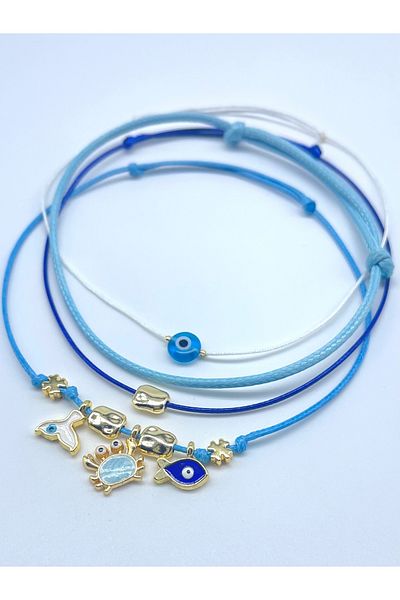 Concept HuBuTU 4 Pieces Minimal Sea Themed Blue Turquoise White Rope Summer Anklet Set for Evil Eye and Luck