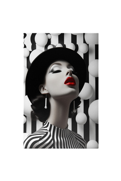 StoryGift Romania Tablou Canvas: Portet In Stil Iluzii Optice Frumusete, Negru,alb,rosu, Brunet, Papusa,design V