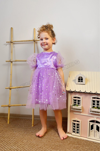 penu baby kids Lila Yıldız Desenli Fiyonklu Kısa Balon Kollu Kız Çocuk Kız Bebek Elbise