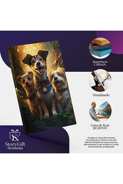 StoryGift Romania Tablou Canvas: Prieteni De Drum Scena Plina De Viata Trei Caini De Rase Diferite Exploreaza Imp