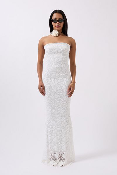Black Fashion Strapless Lace Maxi Ecru Dress