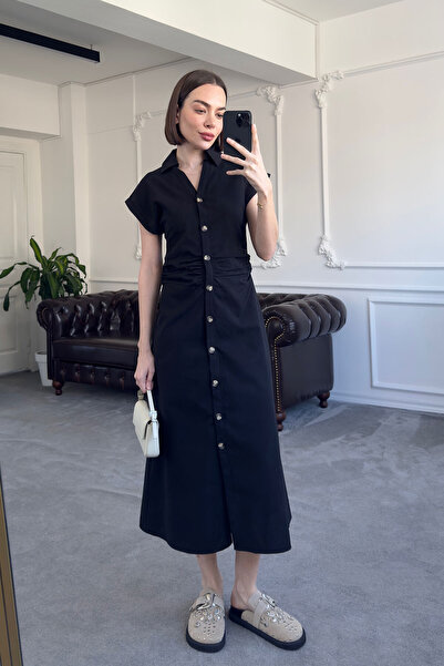 MAGARDE Rochie cu decolteu în V și talie plisată - NEGRU