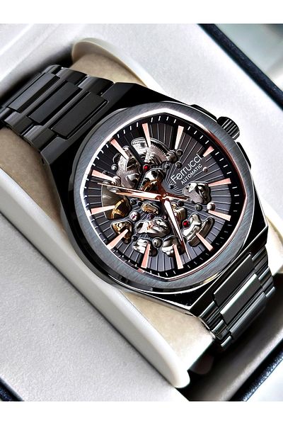 Ferrucci Black Color Steel Cord Business Automatic Steel Cord Men's Wrist Watch + Bracelet
