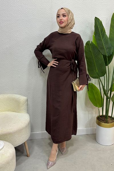 Tesettür Diyarı Women's Summer Fabric Tie Skirt Suit - Brown