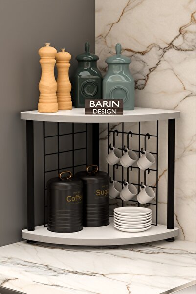 BARIN DESIGN Metal Telli Kahve Köşesi Çevirtak Çok Amaçlı Mutfak Standı Tezgah Üstü Düzenleyici Çift Katlı Askılı