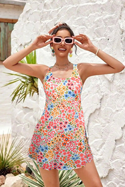 FAVORİST Floral Patterned Covered Lined Slip and Swimsuit 2 Piece Bikini Set