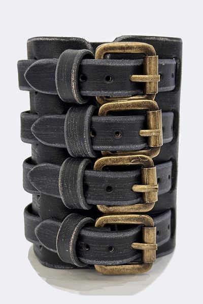 NARKİSSOS Men's Black Leather Bracelet - Antique Hand Work with Four Belts