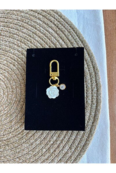PEONY peonyofficiall Klipsli Gül İnci Altın Kaplama Tektaş Detaylı Cüzdan Süsü Charm Çanta Süsü Anahtarlık