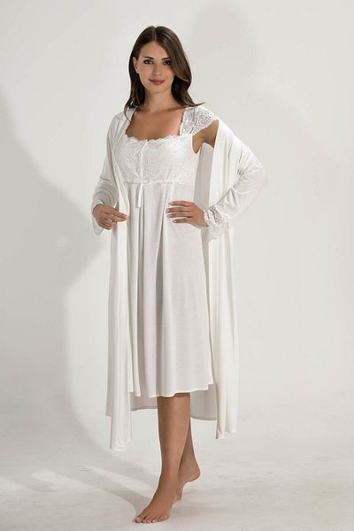 LORIAN'S Women's Ecru Maternity and Maternity Nightgown Dressing Gown Set Set of 2