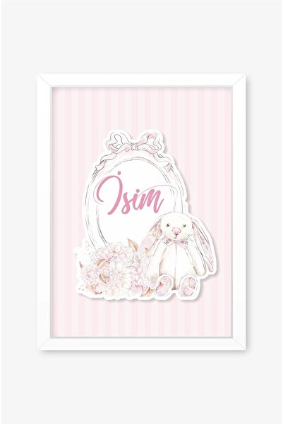 neşeli günlerim İsme Özel Soft Pink Tavşan Beyaz Çerçeve 30x40 cm Tablo, Hast...