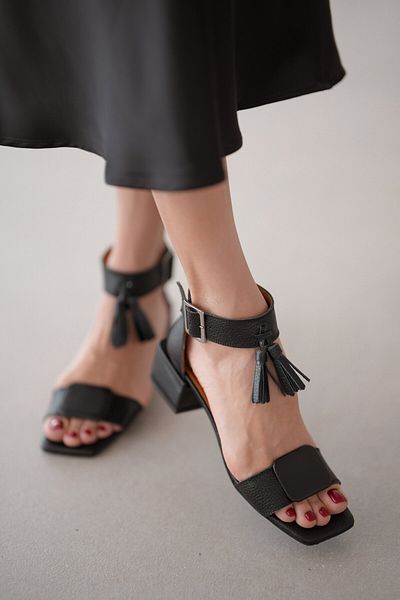 selinshoes Sandale de damă din piele naturală cu ciucuri cu bretele la gleznă - NEGRE