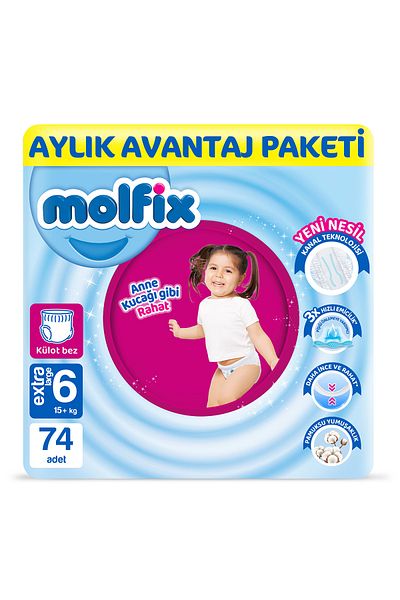 Molfix Pants Baby Diapers Size 6 E.large Monthly Advantage Pack 74 Pieces