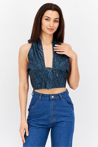 Missguided Women Halter Neck Sleeveless Snakeskin Crop Top, Teal Blue