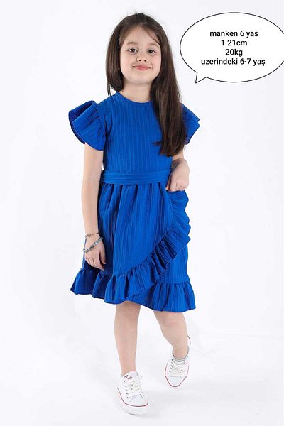 aden kids Sax Blue Girls Summer Ruffle φόρεμα - Κομψή στολή για κορίτσια με ζώνη Lycra - 2-8 ετών