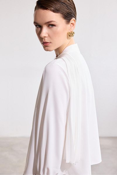 Touché Privé Chiffon Pleated Scarf Collar Bluz