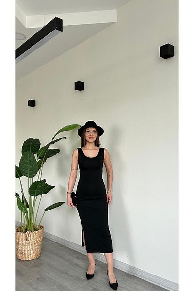 modadagiyim Rochie lungă din lycra cu decolteu în U, cu fantă laterală și spate decoltat