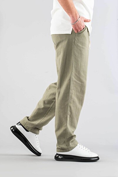 bombe Men's Trousers Elastic Waist Linen Comfortable Stretchy Lycra Basic Cotton Jogger Khaki