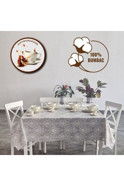 Pucioasa Teflon-Coated Cotton Tablecloth, 160x320cm, Baroque Gray Model V1