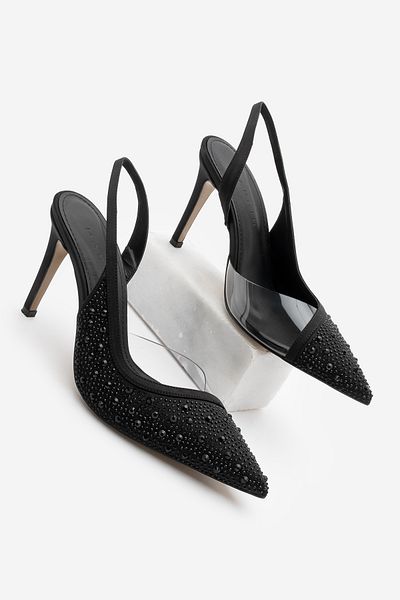 Marjin Women's Stiletto Pointed Toe Stone Open Back Scarf Heeled Shoes Esolo Black