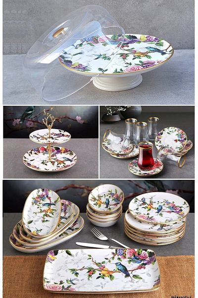 Pinkev Flora 30 Piece 6-Person Ceramic Cake Breakfast Tea Presentation Plate Set