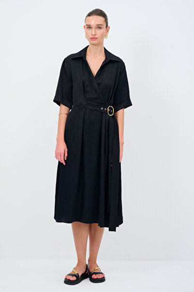 Love My Body Toka Detaylı Uzun Kol Midi Boy Elbise